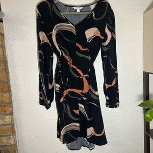 Nine West Black Long-Sleeve Abstract Wrap Dress with Blush and Rust Accents